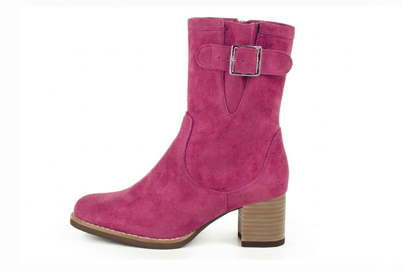 Bottines boucle sur le côté pour femme en cuir fuchsia avec bout rond et talon bottier de 6 cm - Vue de profil