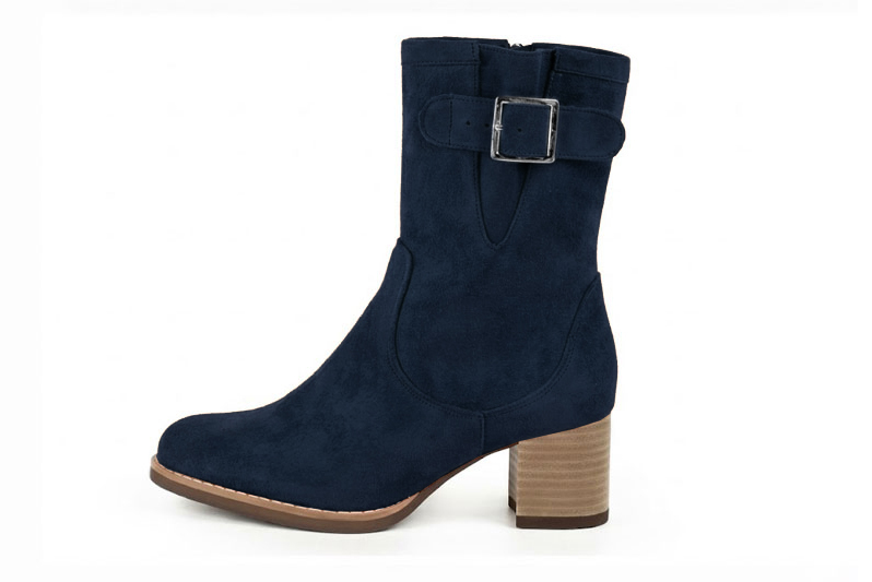 Bottines boucle sur le côté pour femme en cuir bleu marine avec bout rond et talon bottier de 6 cm - Vue de profil