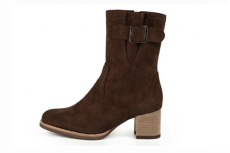 Bottines boucle sur le côté pour femme en cuir marron foncé avec bout rond et talon bottier de 6 cm - Vue de profil