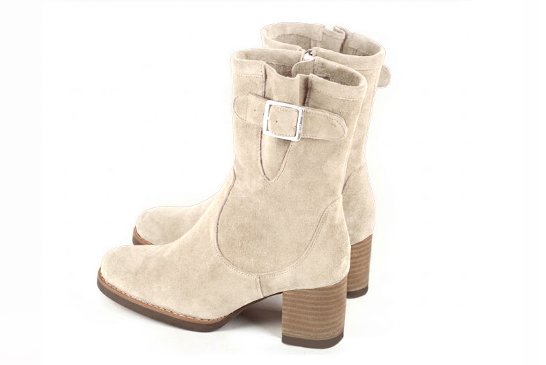 Bottines boucle sur le côté pour femme en cuir crème avec bout rond et talon bottier de 6 cm - Vue arrière