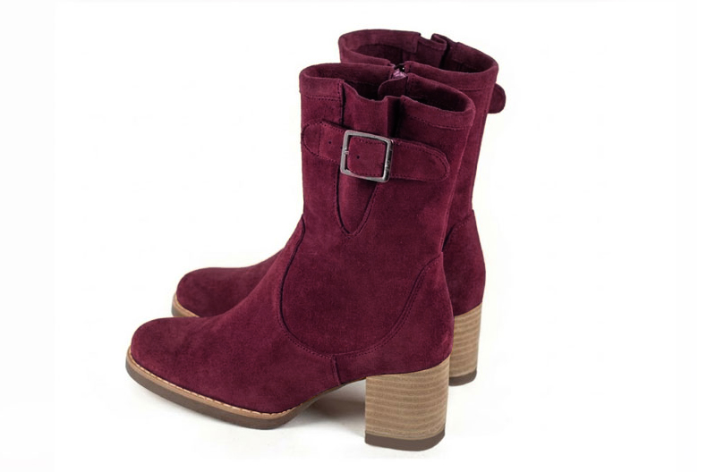 Bottines boucle sur le côté pour femme en cuir mauve avec bout rond et talon bottier de 6 cm - Vue arrière