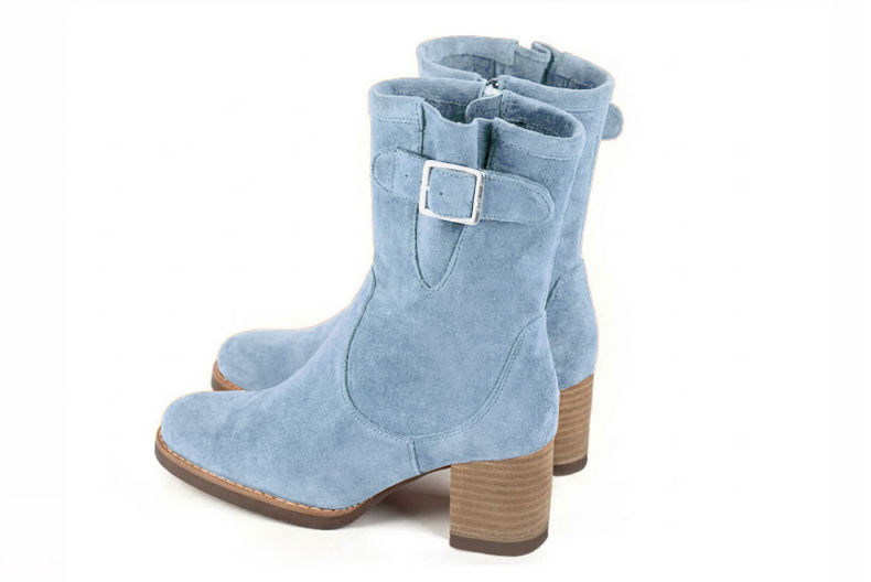 Bottines boucle sur le côté pour femme en cuir bleu ciel avec bout rond et talon bottier de 6 cm - Vue arrière