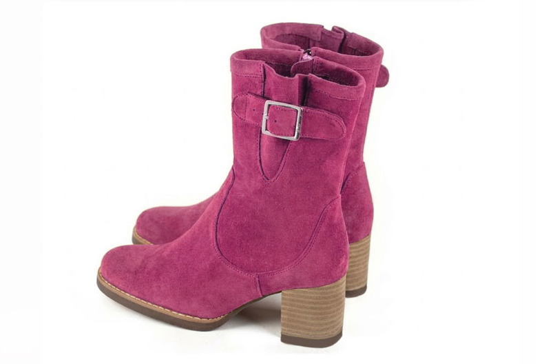 Bottines boucle sur le côté pour femme en cuir fuchsia avec bout rond et talon bottier de 6 cm - Vue arrière