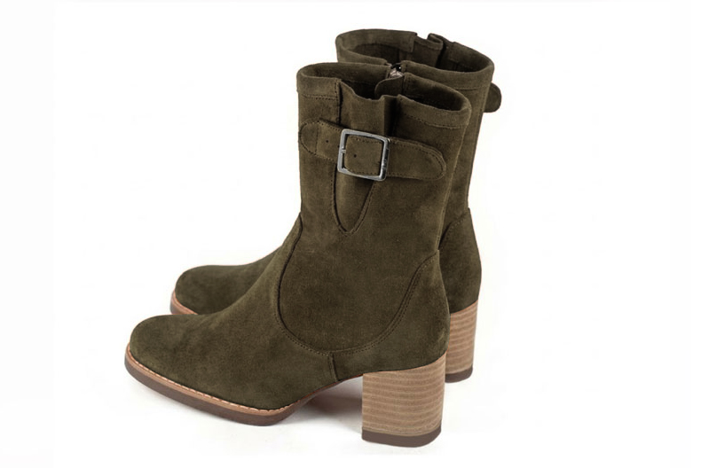 Bottines boucle sur le côté pour femme en cuir vert émeraude avec bout rond et talon bottier de 6 cm - Vue arrière