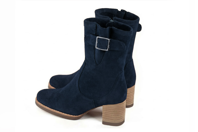 Bottines boucle sur le côté pour femme en cuir bleu marine avec bout rond et talon bottier de 6 cm - Vue arrière