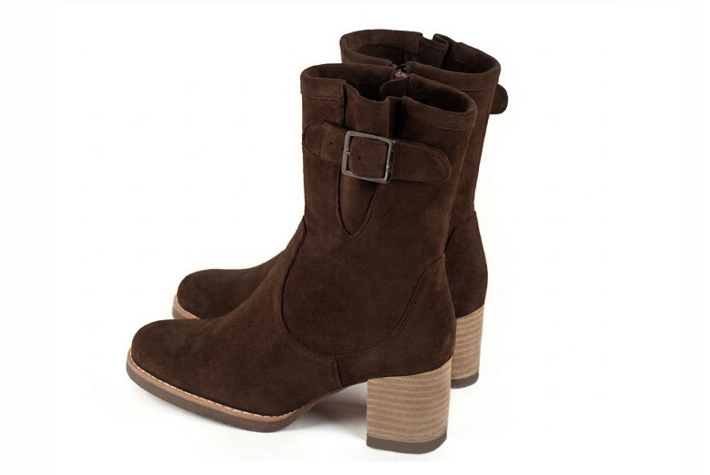 Bottines boucle sur le côté pour femme en cuir marron foncé avec bout rond et talon bottier de 6 cm - Vue arrière