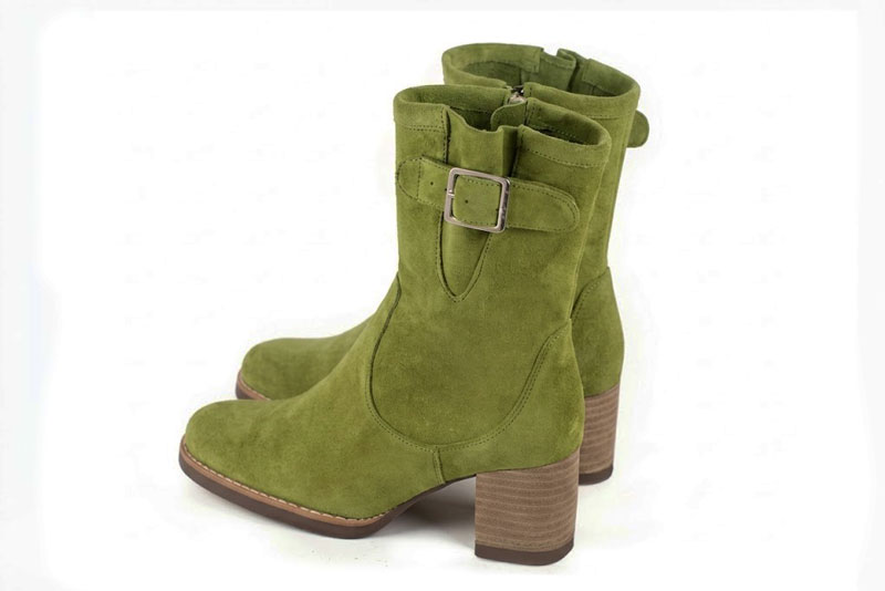 Bottines boucle sur le côté pour femme en cuir vert pistache avec bout rond et talon bottier de 6 cm - Vue arrière