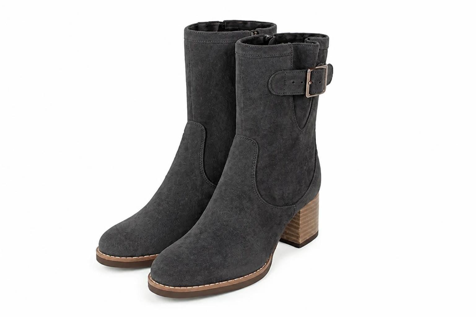 Bottines boucle sur le côté pour femme en cuir gris foncé avec bout rond et talon bottier de 6 cm - Vue avant
