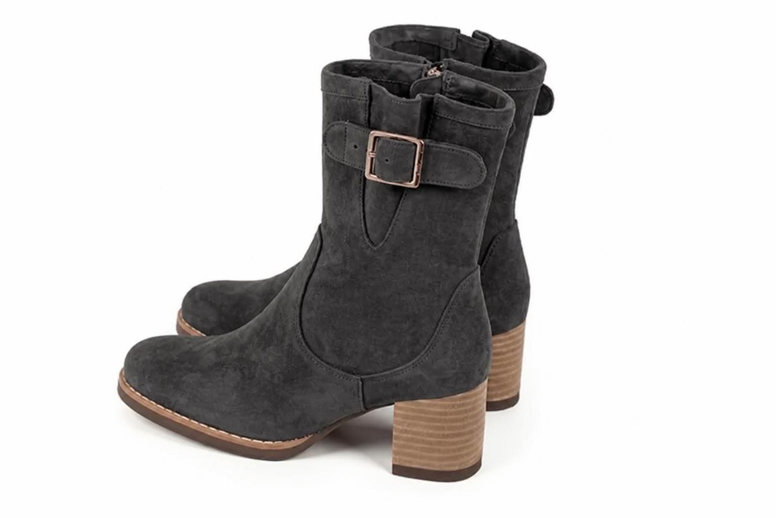 Bottines boucle sur le côté pour femme en cuir gris foncé avec bout rond et talon bottier de 6 cm - Vue arrière
