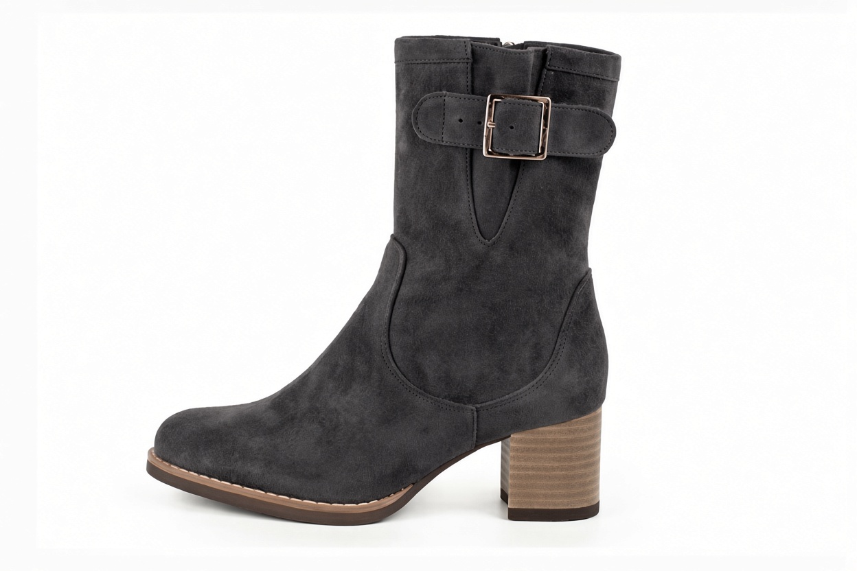 Bottines boucle sur le côté pour femme en cuir gris foncé avec bout rond et talon bottier de 6 cm - Vue de profil
