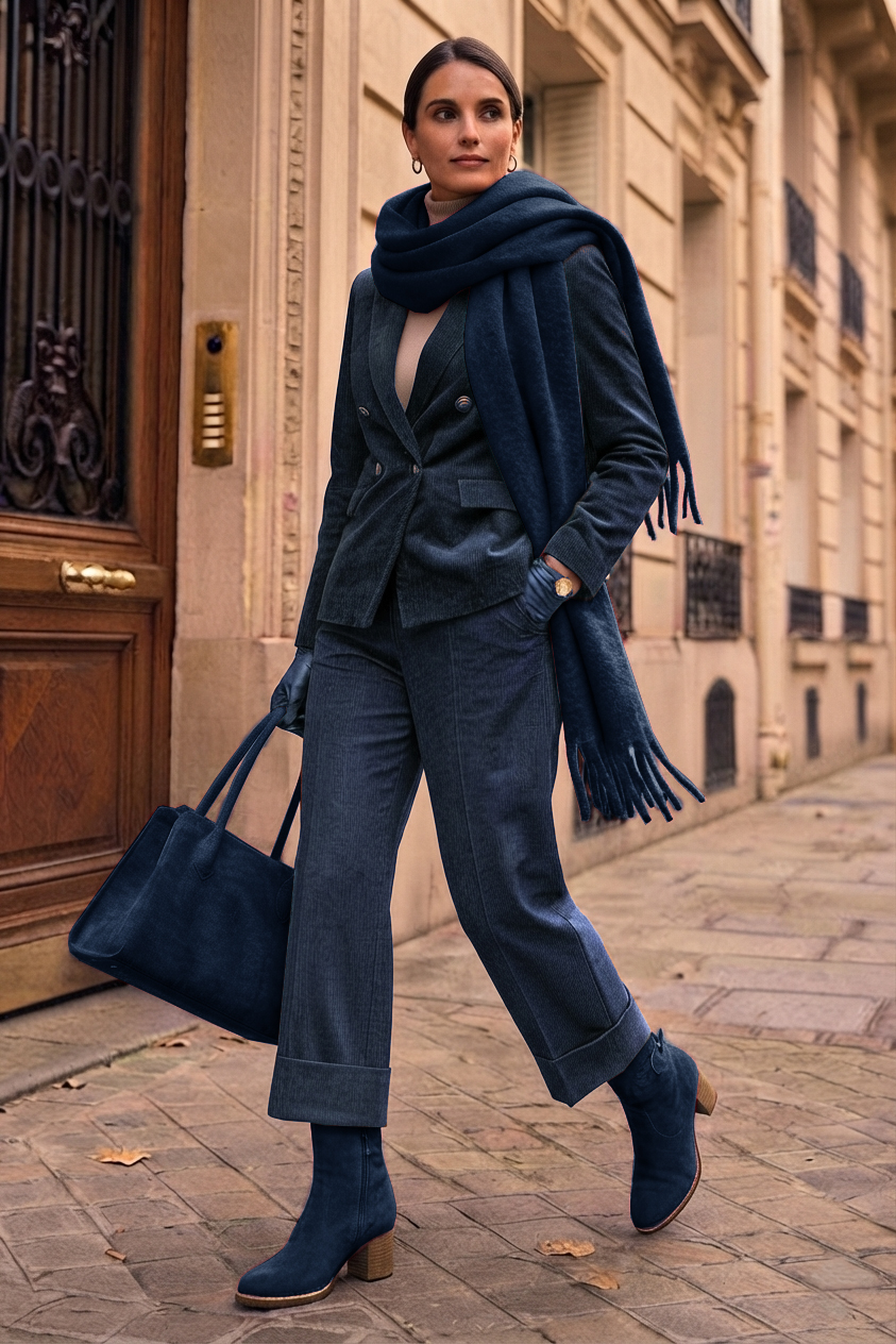 Bottines boucle sur le côté pour femme en cuir bleu marine avec bout rond et talon bottier de 6 cm - Vue porté