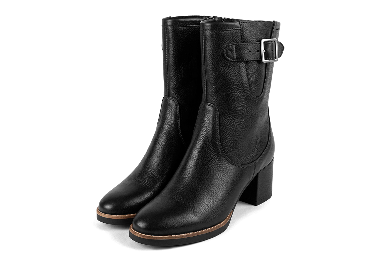 Bottines boucle sur le côté pour femme en cuir noir avec bout rond et talon bottier de 6 cm - Vue avant