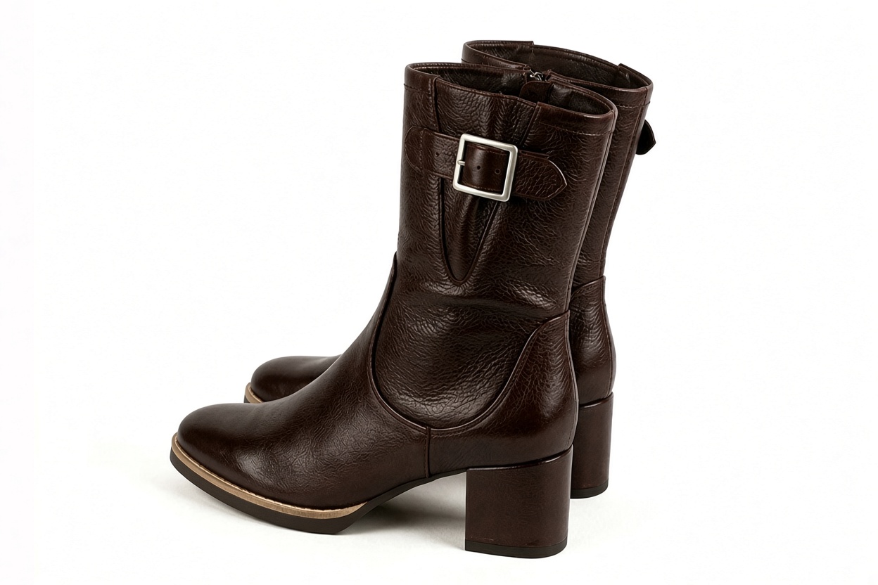 Bottines boucle sur le côté pour femme en cuir marron foncé avec bout rond et talon bottier de 6 cm - Vue arrière