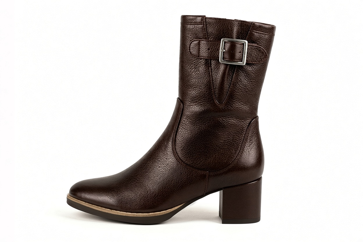 Bottines boucle sur le côté pour femme en cuir marron foncé avec bout rond et talon bottier de 6 cm - Vue de profil