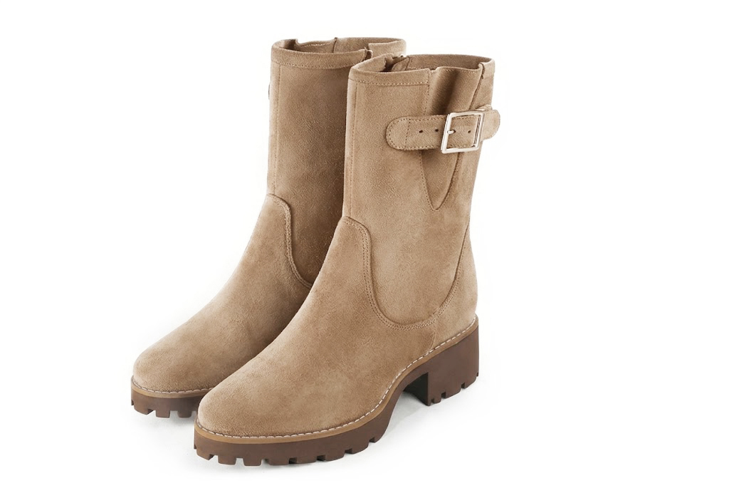 Bottines boucle sur le côté pour femme en cuir sable avec bout rond et semelle crantée en gomme - Vue avant