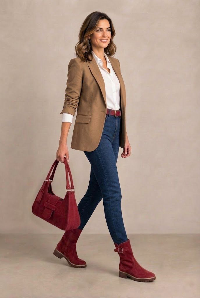 Bottines boucle sur le côté pour femme en cuir bordeaux avec bout rond et semelle crantée en gomme - Vue du dessus