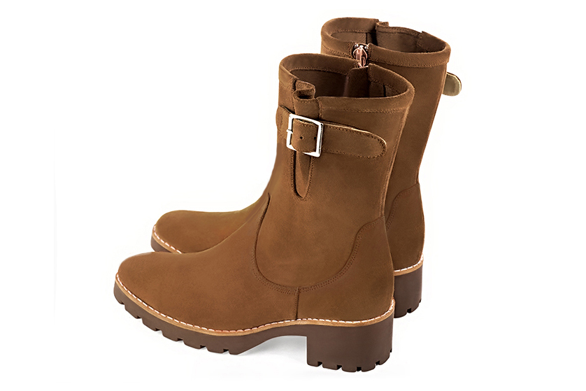 Bottines habillées femme boucles côté en cuir marron caramel à semelle en gomme et bout rond - Vue arrière