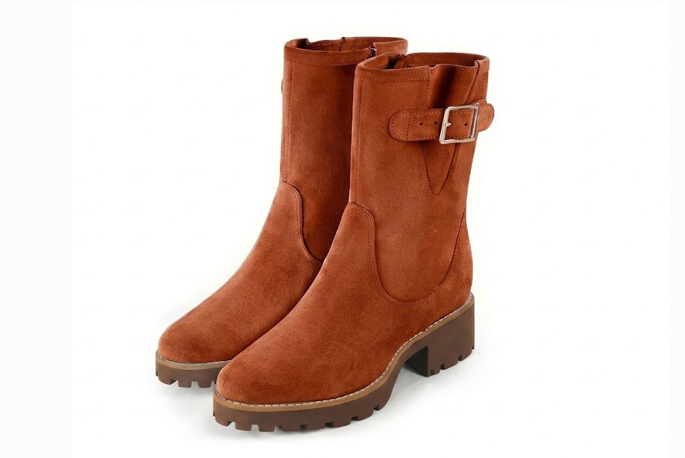 Bottines boucle sur le côté pour femme en cuir terracotta avec bout rond et semelle crantée en gomme - Vue avant