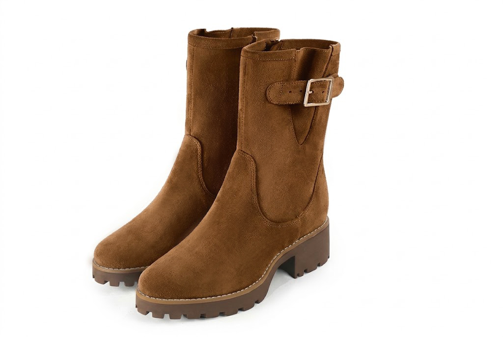 Bottines boucle sur le côté pour femme en cuir cognac avec bout rond et semelle crantée en gomme - Vue avant