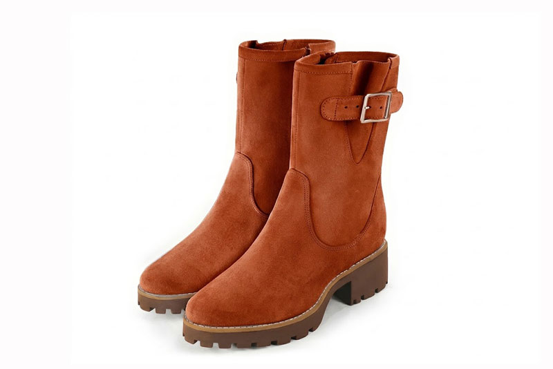 Bottines boucle sur le côté pour femme en cuir terracotta avec bout rond et semelle crantée en gomme - Vue avant