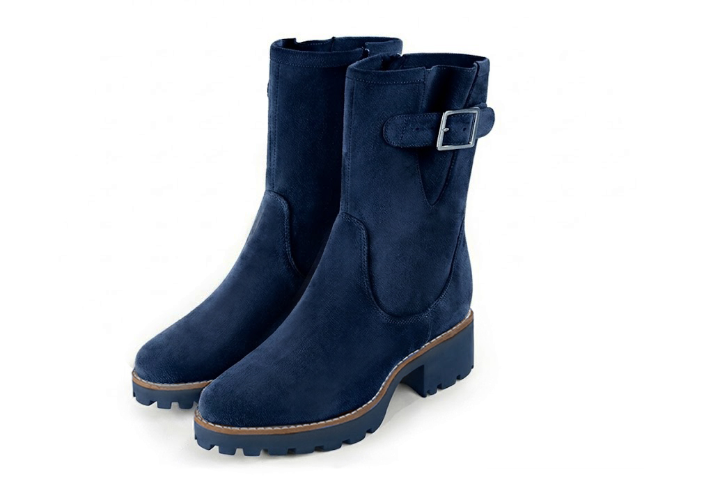 Bottines boucle sur le côté pour femme en cuir bleu marine avec bout rond et semelle crantée en gomme - Vue avant