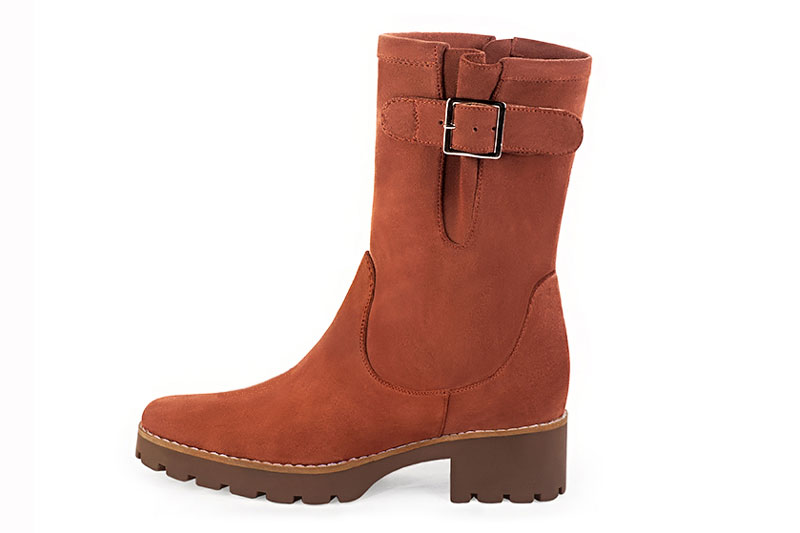 Bottines boucle sur le côté pour femme en cuir terracotta avec bout rond et semelle crantée en gomme - Vue de profil