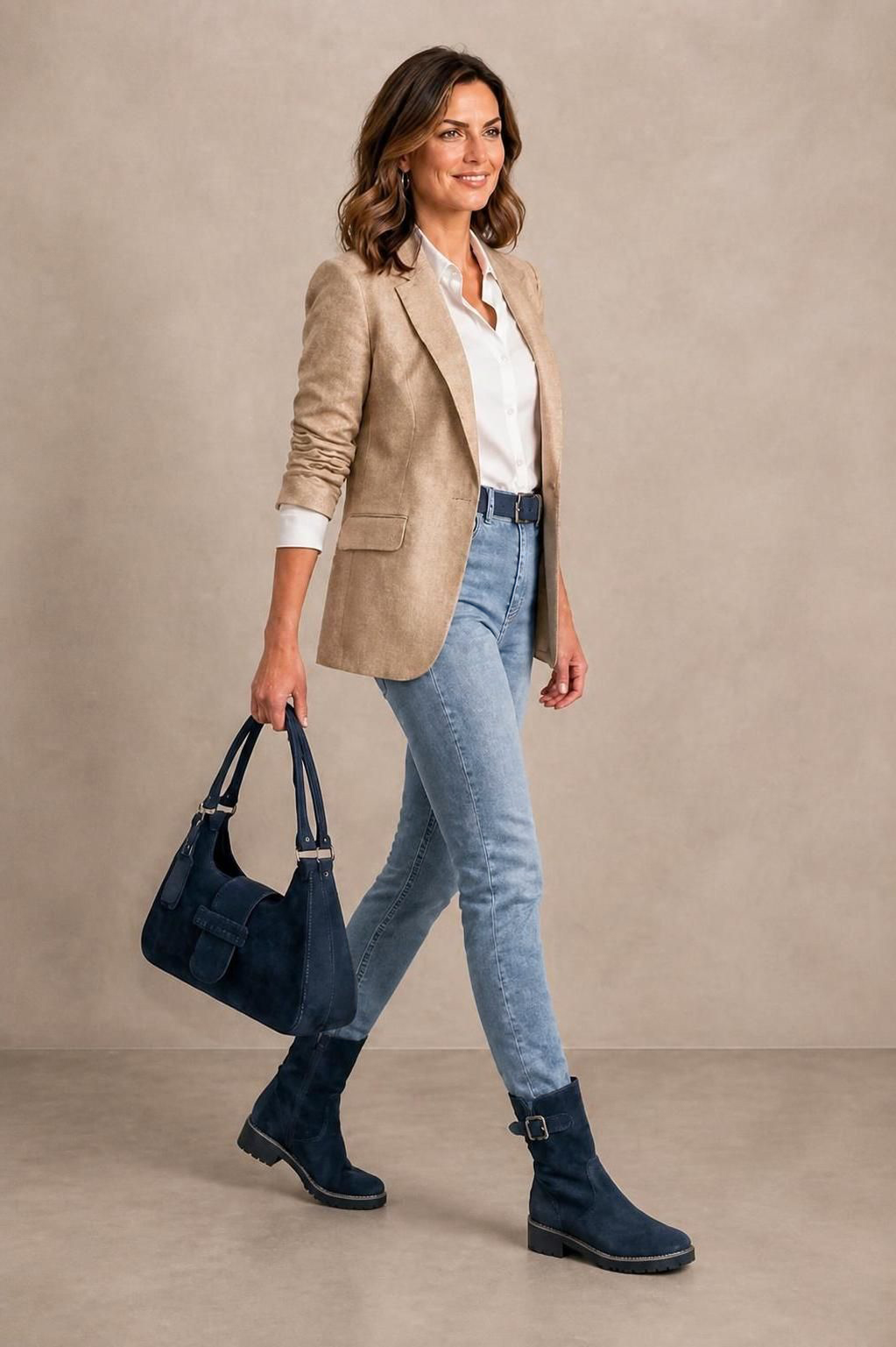 Bottines boucle sur le côté pour femme en cuir bleu marine avec bout rond et semelle crantée en gomme - Vue du dessus
