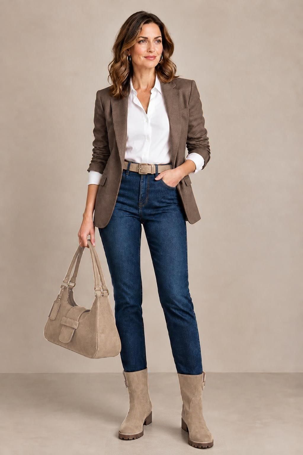 Bottines boucle sur le côté pour femme en cuir sable avec bout rond et semelle crantée en gomme - Vue porté