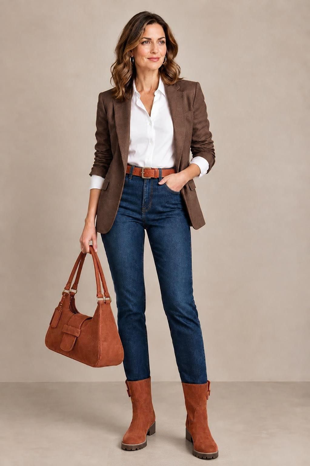 Bottines boucle sur le côté pour femme en cuir terracotta avec bout rond et semelle crantée en gomme - Vue porté