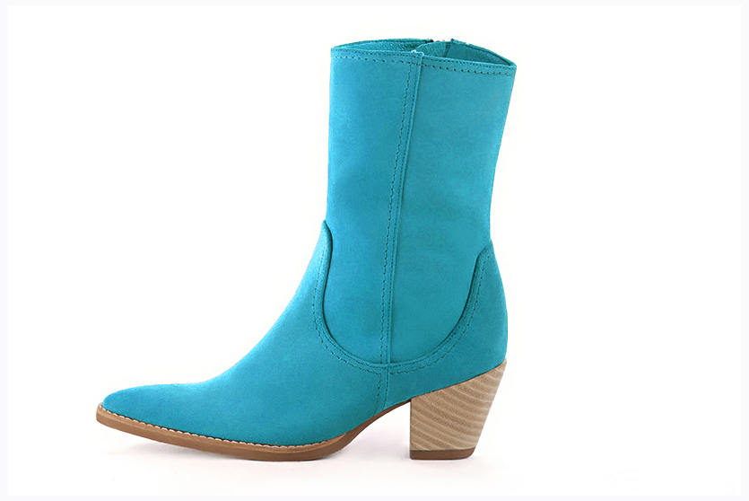 Boots femme : Boots fermeture éclair à l'intérieur couleur bleu turquoise. Bout effilé. Talon mi-haut conique. Vue de profil - Florence KOOIJMAN