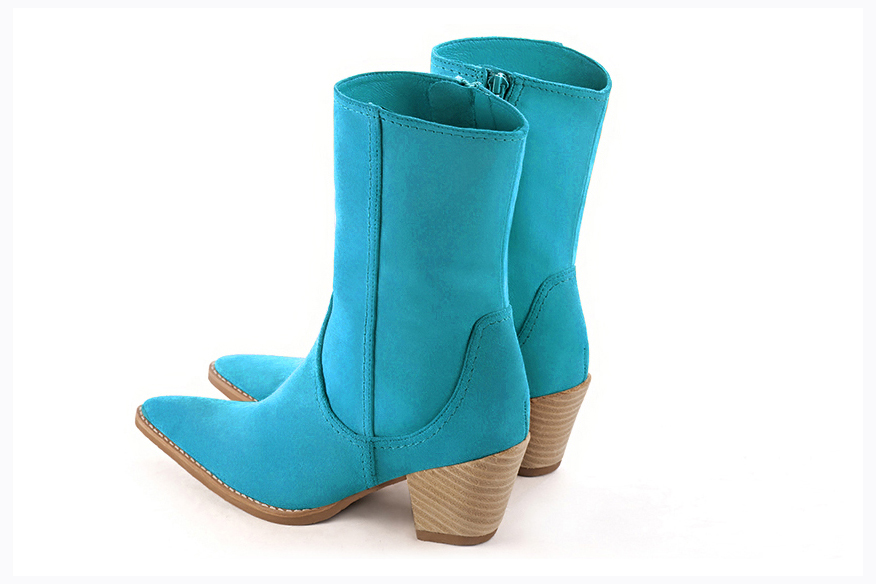 Boots femme : Boots fermeture éclair à l'intérieur couleur bleu turquoise. Bout effilé. Talon mi-haut conique. Vue arrière - Florence KOOIJMAN