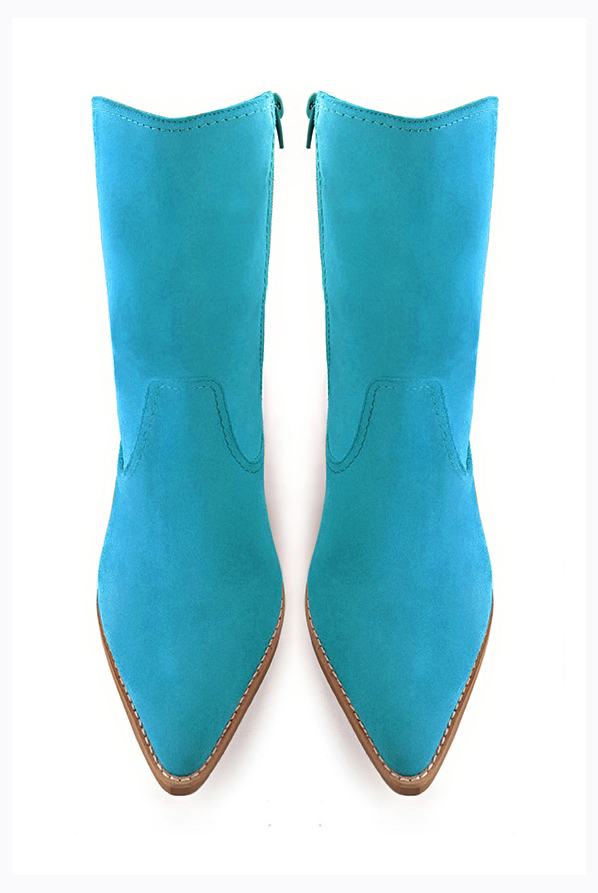 Boots femme : Boots fermeture éclair à l'intérieur couleur bleu turquoise. Bout effilé. Talon mi-haut conique. Vue du dessus - Florence KOOIJMAN