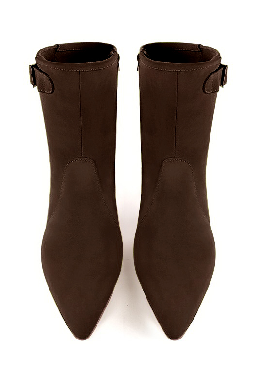 Boots femme : Boots fermeture éclair à l'intérieur couleur marron ébène. Bout effilé. Talon mi-haut conique. Vue du dessus - Florence KOOIJMAN