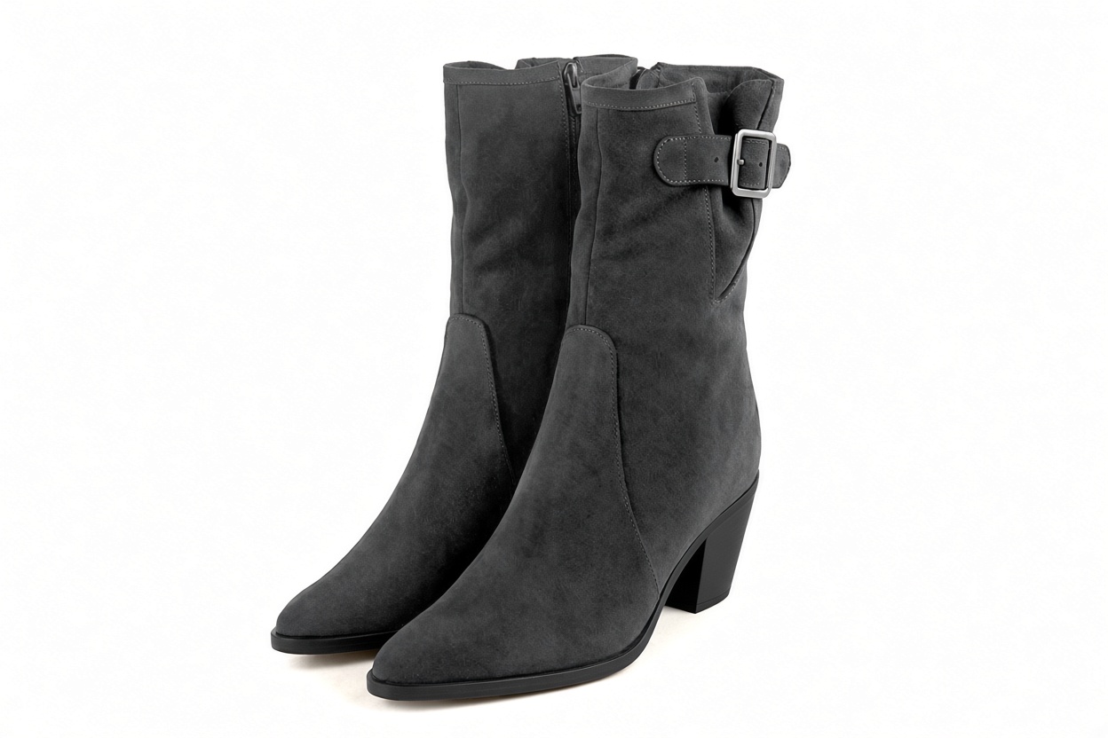 Bottines avec un zip intérieur pour femme en cuir gris foncé avec bout effilé et talon conique de 5.5 cm - Vue avant