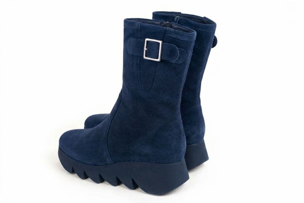 Bottines avec un zip intérieur pour femme en cuir bleu marine avec bout rond et semelle épaisse et sculpturale en gomme - Vue arrière