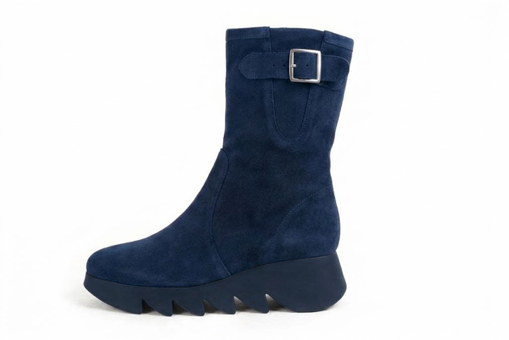 Bottines avec un zip intérieur pour femme en cuir bleu marine avec bout rond et semelle épaisse et sculpturale en gomme - Vue de profil