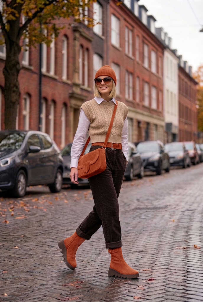 Bottines avec un zip intérieur pour femme en cuir terracotta avec bout rond et semelle épaisse et sculpturale en gomme - Vue du dessus