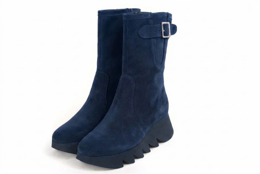 Bottines avec un zip intérieur pour femme en cuir bleu marine avec bout rond et semelle épaisse et sculpturale en gomme - Vue avant