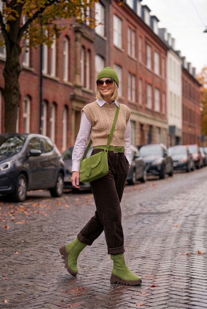 Bottines avec un zip intérieur pour femme en cuir vert émeraude avec bout rond et semelle épaisse et sculpturale en gomme - Vue du dessus