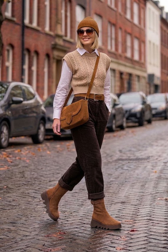 Bottines avec un zip intérieur pour femme en cuir cognac avec bout rond et semelle épaisse et sculpturale en gomme - Vue du dessus