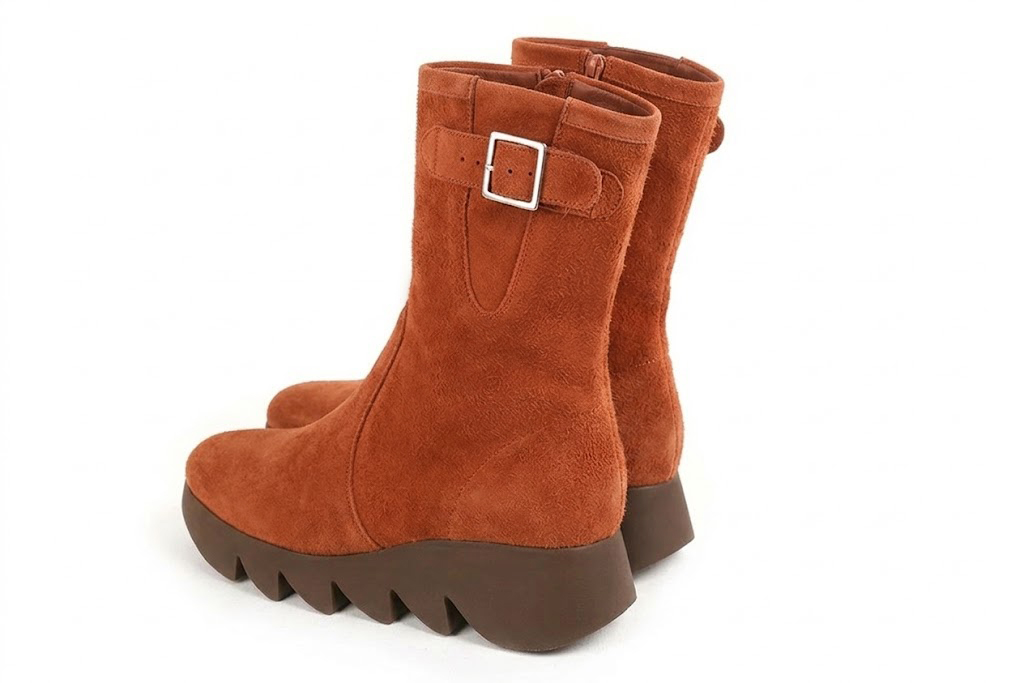 Bottines avec un zip intérieur pour femme en cuir terracotta avec bout rond et semelle épaisse et sculpturale en gomme - Vue arrière
