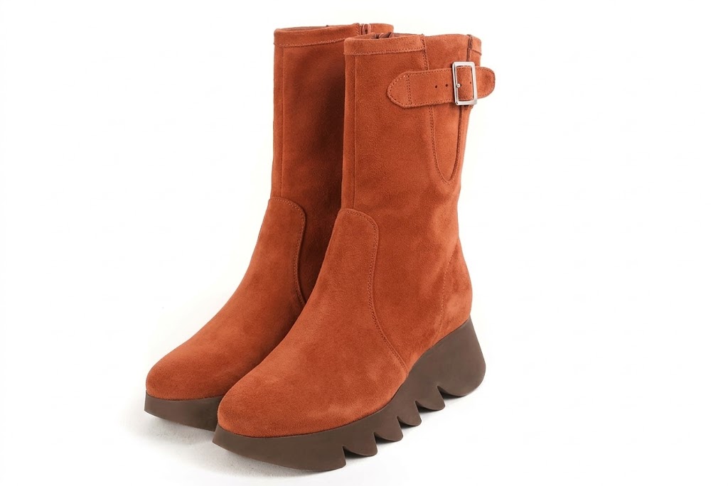 Bottines avec un zip intérieur pour femme en cuir terracotta avec bout rond et semelle épaisse et sculpturale en gomme - Vue avant