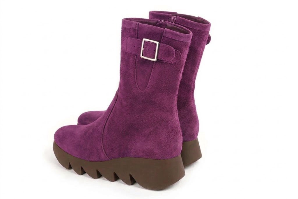 Bottines avec un zip intérieur pour femme en cuir prune avec bout rond et semelle épaisse et sculpturale en gomme - Vue arrière