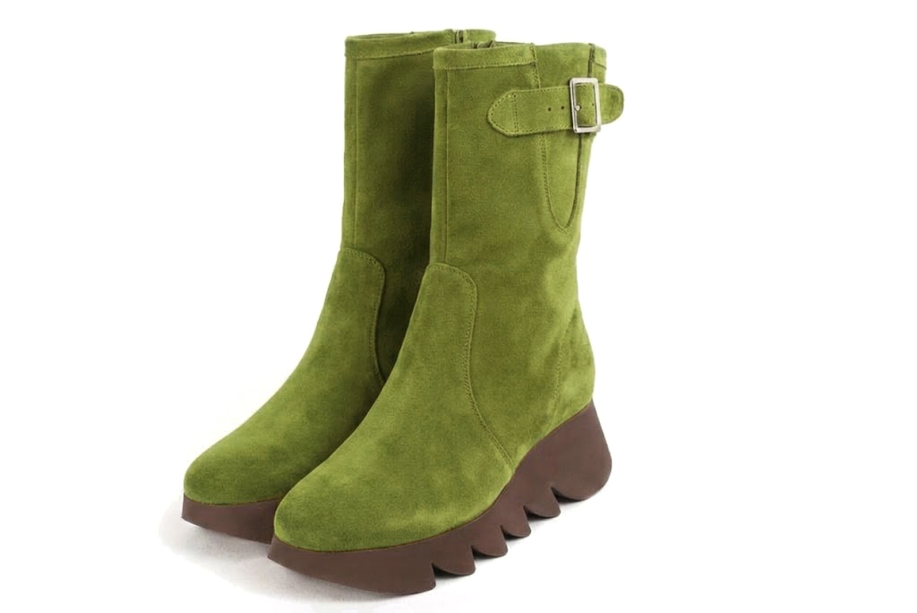 Bottines avec un zip intérieur pour femme en cuir vert émeraude avec bout rond et semelle épaisse et sculpturale en gomme - Vue avant