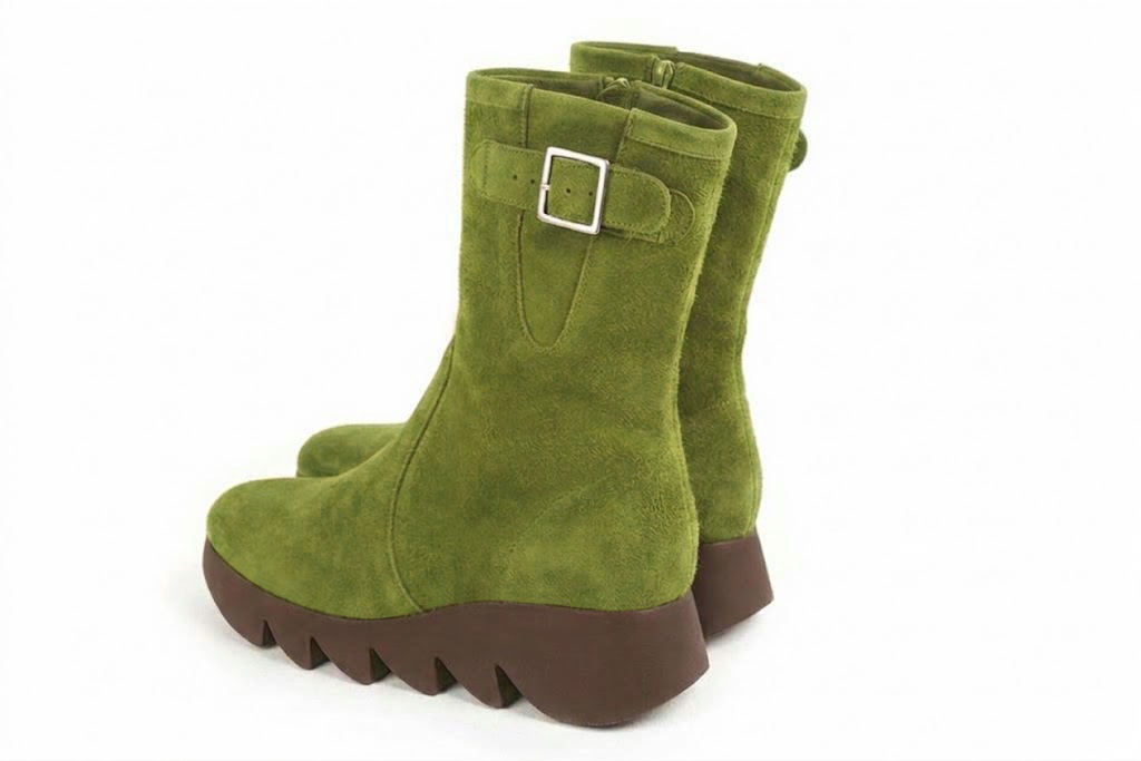 Bottines avec un zip intérieur pour femme en cuir vert émeraude avec bout rond et semelle épaisse et sculpturale en gomme - Vue arrière