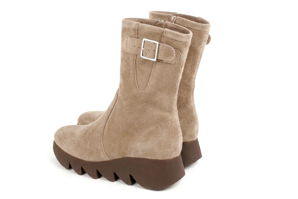 Bottines avec un zip intérieur pour femme en cuir sable avec bout rond et semelle épaisse et sculpturale en gomme - Vue arrière