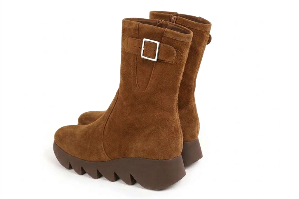 Bottines avec un zip intérieur pour femme en cuir cognac avec bout rond et semelle épaisse et sculpturale en gomme - Vue arrière