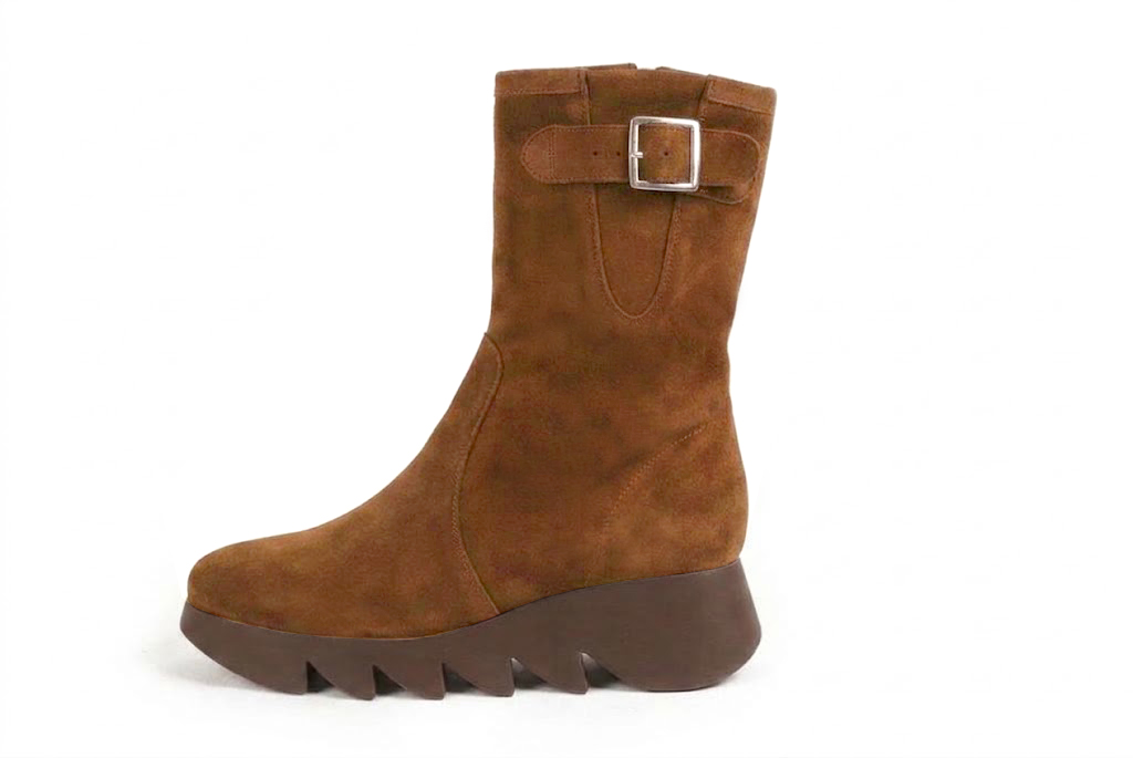 Bottines avec un zip intérieur pour femme en cuir cognac avec bout rond et semelle épaisse et sculpturale en gomme - Vue de profil