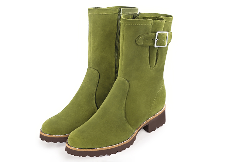 Boots femme : Boots avec des boucles sur le côté couleur vert pistache. Bout rond. Semelle gomme talon plat Vue avant - Florence KOOIJMAN