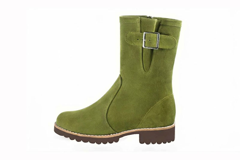 Bottines boucle sur le côté pour femme en cuir vert pistache avec bout rond et semelle crantée en gomme - Vue de profil
